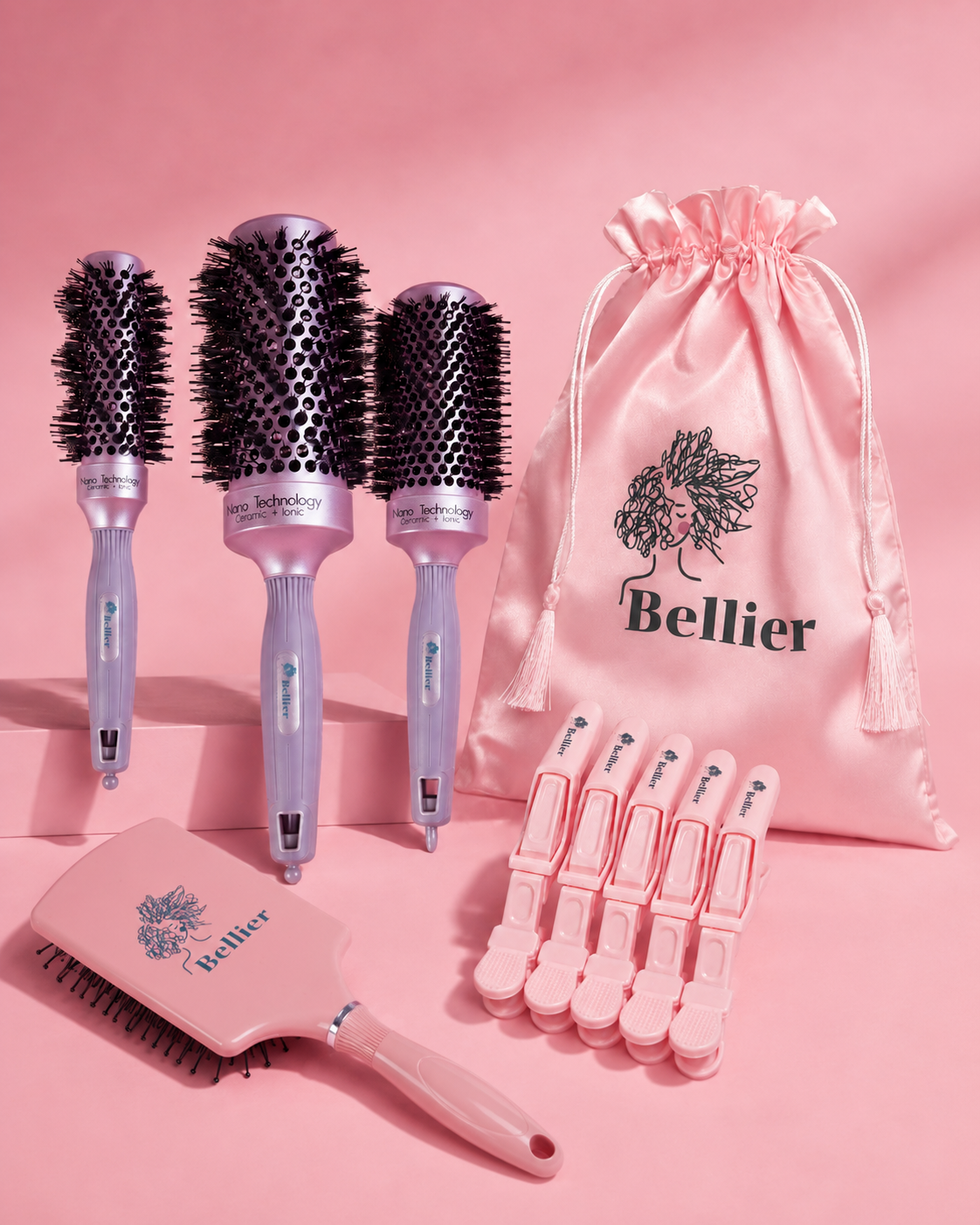 Set completo Bellier: 4 cepillos Nano Ceramic + Ion, cepillo de paleta, pinches y bolsa